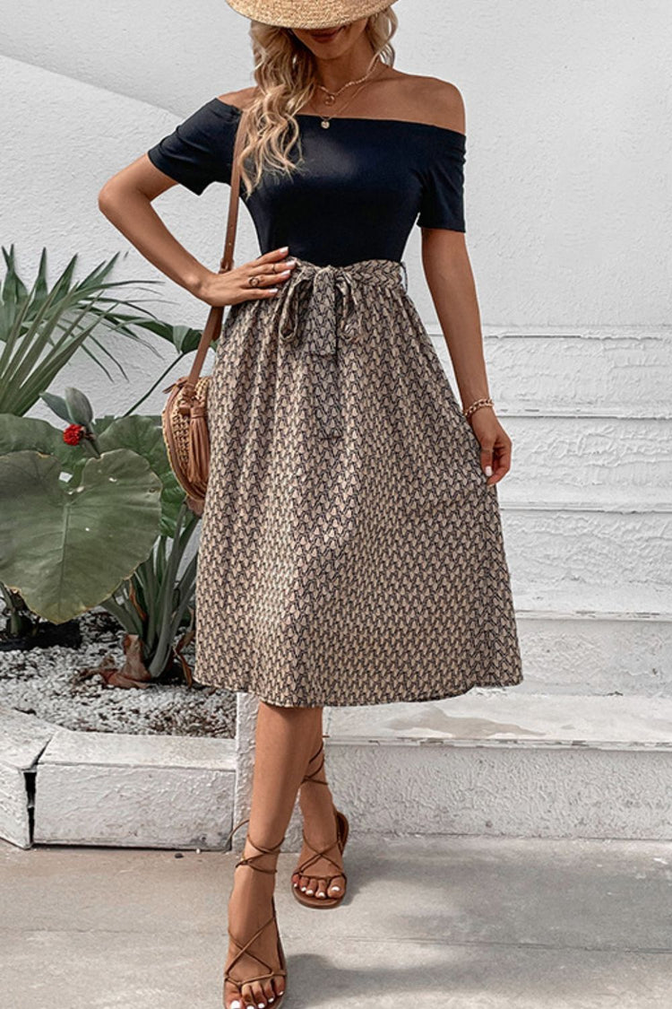 Midi Dresses- Versatile Women's Off-Shoulder Tie Belt Midi Dress - Your Go-To Choice- - Pekosa Women Clothing