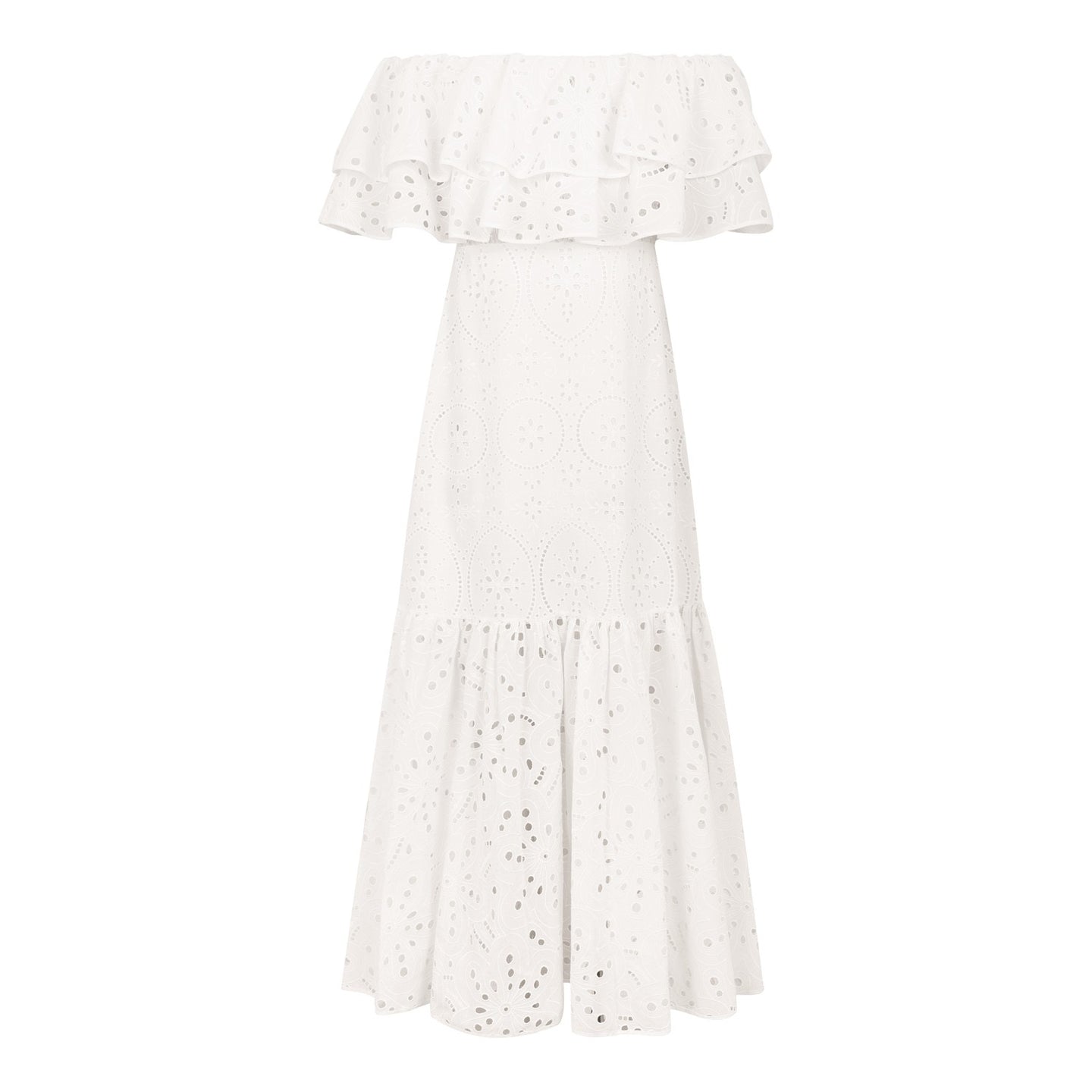 Midi Dresses- Women's Embroidered Cotton Eyelet Midi Dress with Flowy Ruffles- - Pekosa Women Clothing