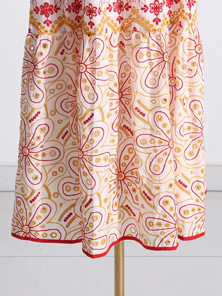 Midi Dresses- Women's Embroidered Cotton Eyelet Midi Dress with Flowy Ruffles- - Pekosa Women Clothing