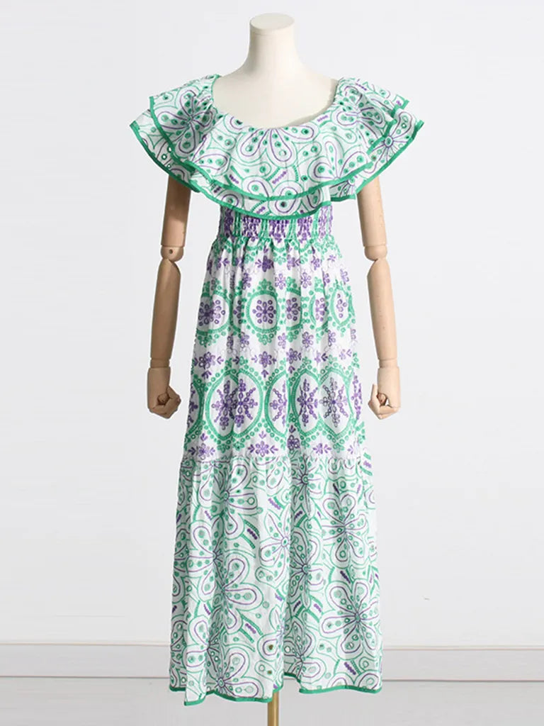 Midi Dresses- Women's Embroidered Cotton Eyelet Midi Dress with Flowy Ruffles- - Pekosa Women Clothing