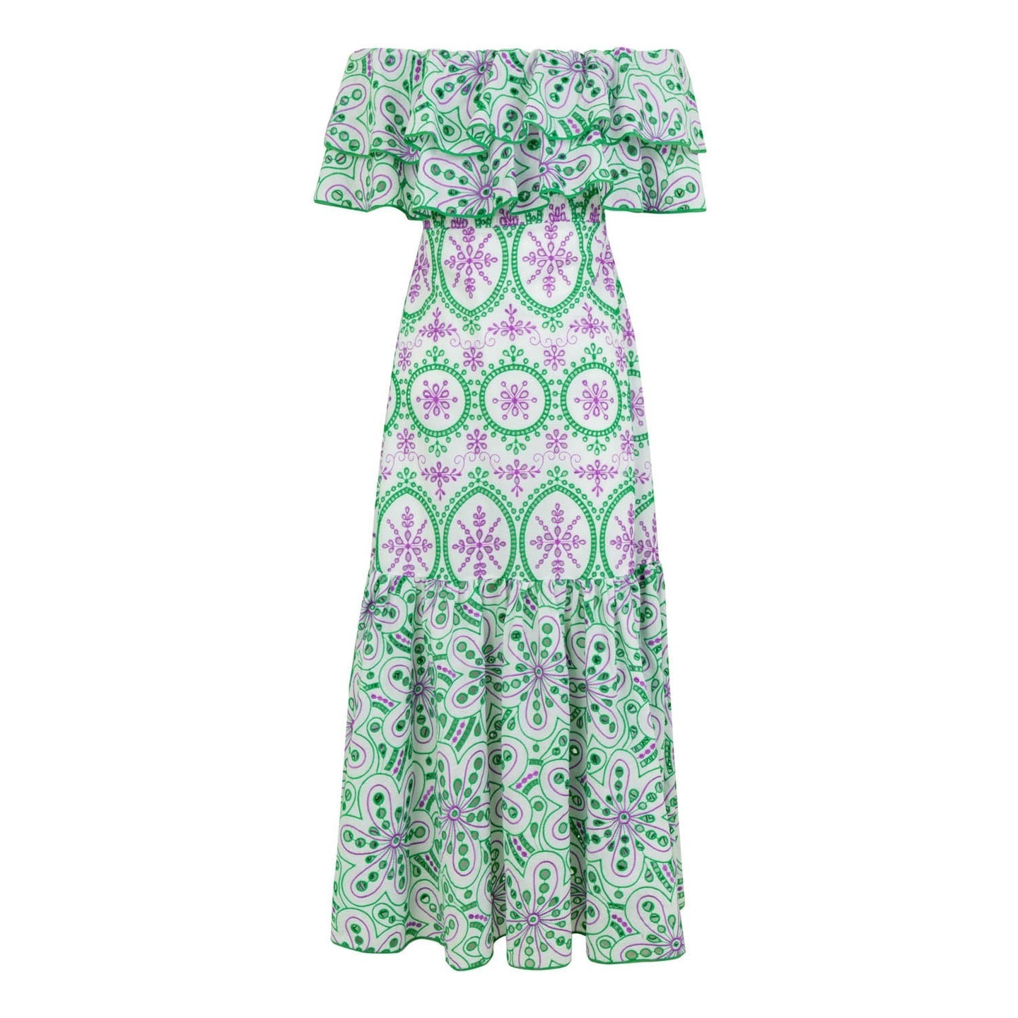 Midi Dresses- Women's Embroidered Cotton Eyelet Midi Dress with Flowy Ruffles- - Pekosa Women Clothing