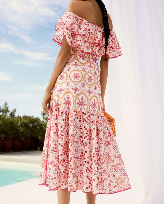 Midi Dresses- Women's Embroidered Cotton Eyelet Midi Dress with Flowy Ruffles- - Pekosa Women Clothing