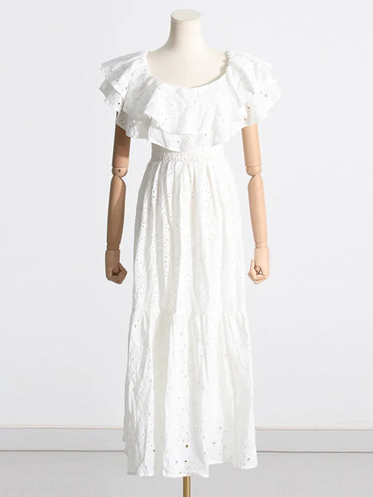 Midi Dresses- Women's Embroidered Cotton Eyelet Midi Dress with Flowy Ruffles- - Pekosa Women Clothing