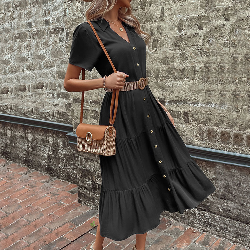 Midi Dresses- Women's Hepburn Style Midi Dress - Tiered Ruffle, Button Down Dress- - Pekosa Women Clothing