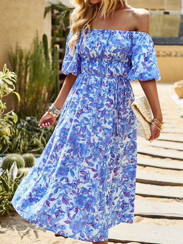 Midi Dresses- Women's Tiered Off Shoulder Midi Dress With Pockets & Waist Tie- - Pekosa Women Clothing
