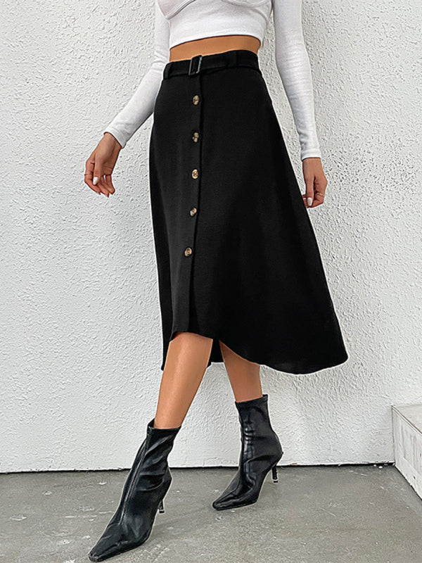 Midi Skirts- Button-Down Asymmetric A-Line Belted Mid-Length Skirt- - Pekosa Women Clothing