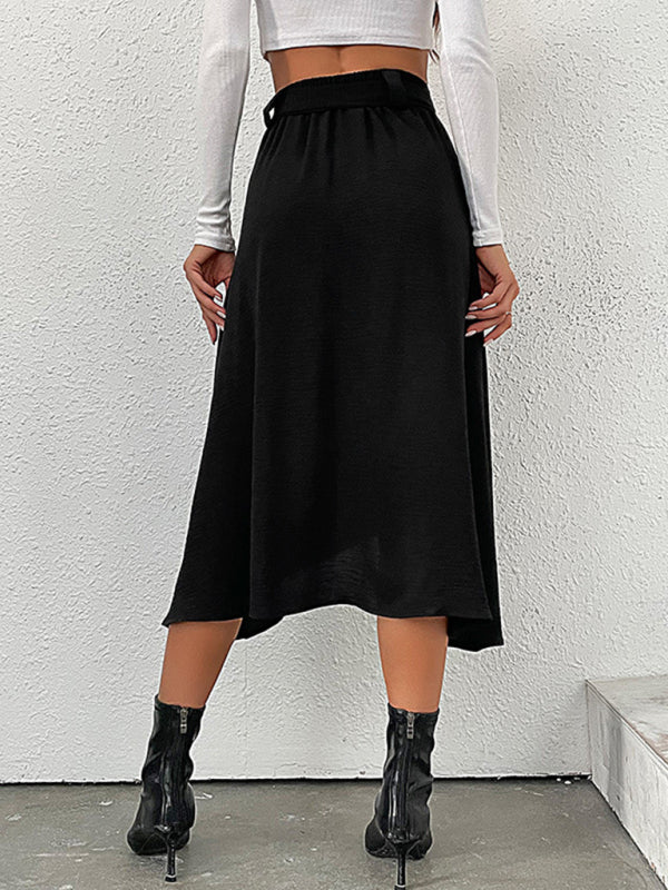 Midi Skirts- Button-Down Asymmetric A-Line Belted Mid-Length Skirt- - Pekosa Women Clothing