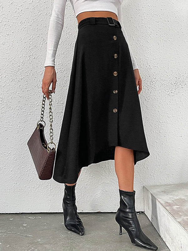 Midi Skirts- Button-Down Asymmetric A-Line Belted Mid-Length Skirt- Black- Pekosa Women Clothing