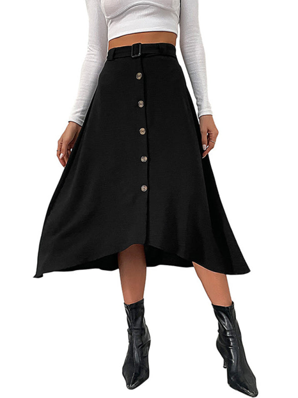 Midi Skirts- Button-Down Asymmetric A-Line Belted Mid-Length Skirt- - Pekosa Women Clothing