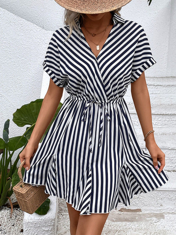 Mini Dresses- All-Season Staple: Women's Stripe V-Neck Dress for Every Occasion- - Pekosa Women Clothing