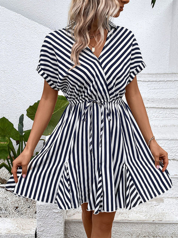 Mini Dresses- All-Season Staple: Women's Stripe V-Neck Dress for Every Occasion- - Pekosa Women Clothing