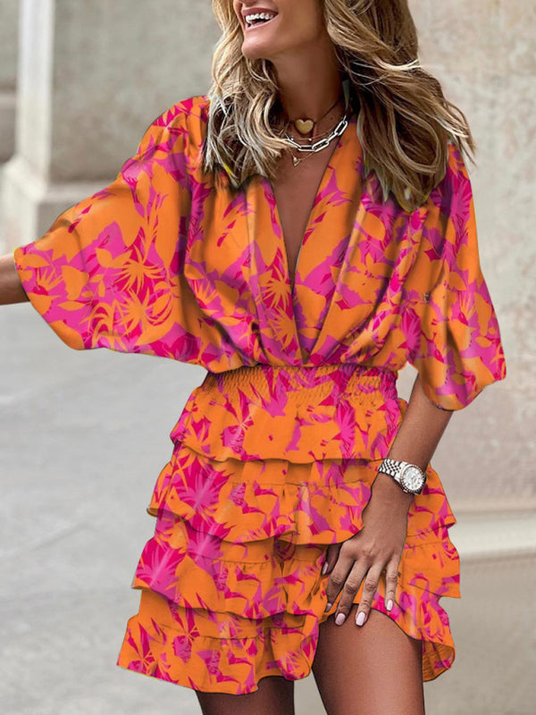 Mini Dresses- Captivating Charm: Women's V Neck Mini Dress with Ruffle Layered Skirt- Suit 5- Pekosa Women Clothing