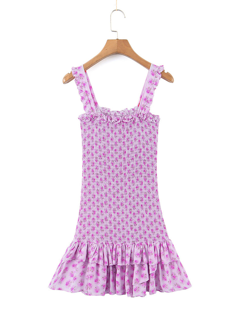 Mini Dresses- Charming Floral Cami Dress: Slim Fit, Backless Elastic Smocked Body- - Pekosa Women Clothing