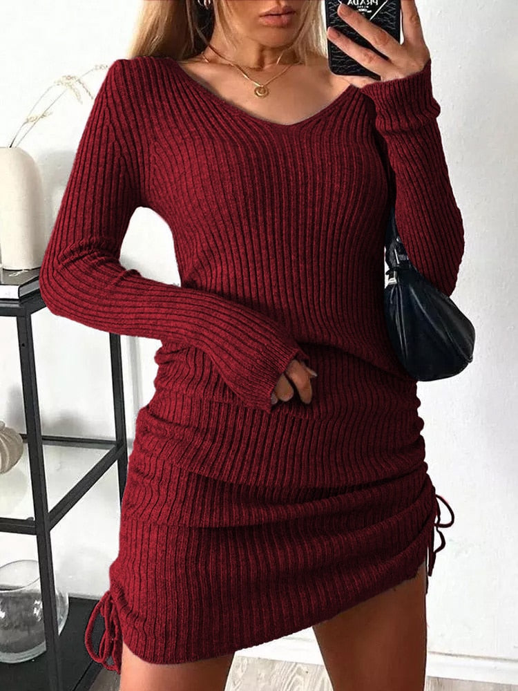 Mini Dresses- Chic Women's Sheath Ribbed Mini Dress with Ruched Side Adjustable Fit- - Pekosa Women Clothing