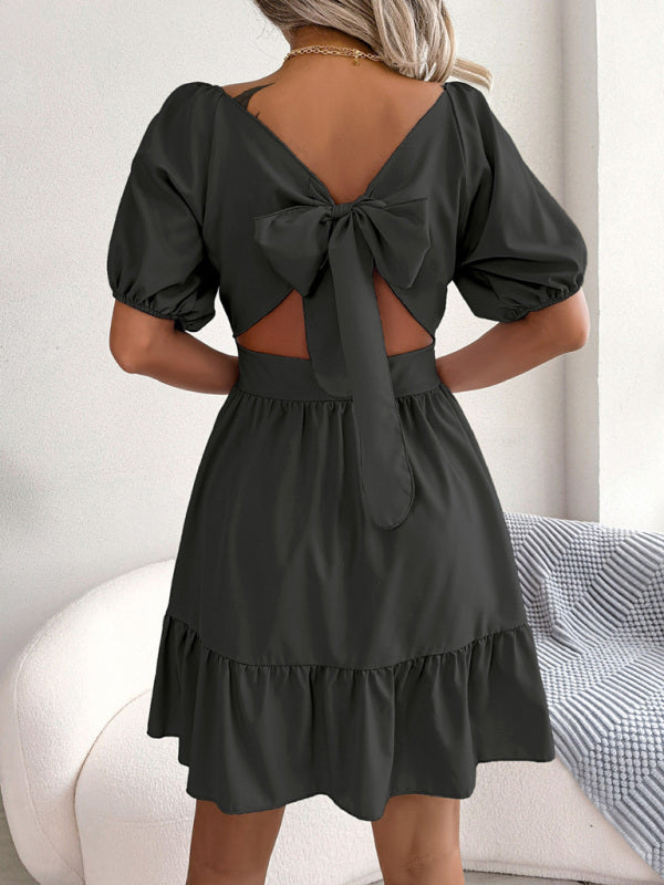 Mini Dresses- Flirty Square Neck Ruffle Backless Mini Dress: Casual Elegance- - Pekosa Women Clothing