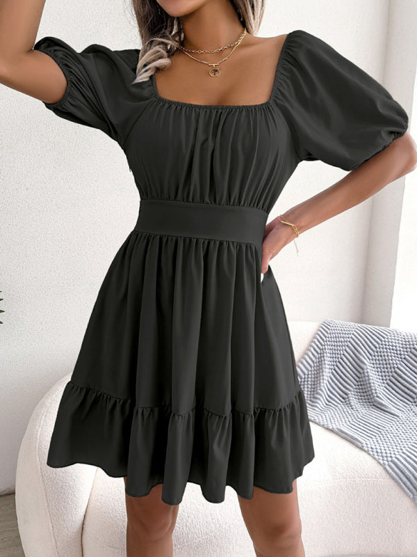 Mini Dresses- Flirty Square Neck Ruffle Backless Mini Dress: Casual Elegance- - Pekosa Women Clothing