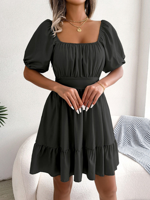 Mini Dresses- Flirty Square Neck Ruffle Backless Mini Dress: Casual Elegance- - Pekosa Women Clothing