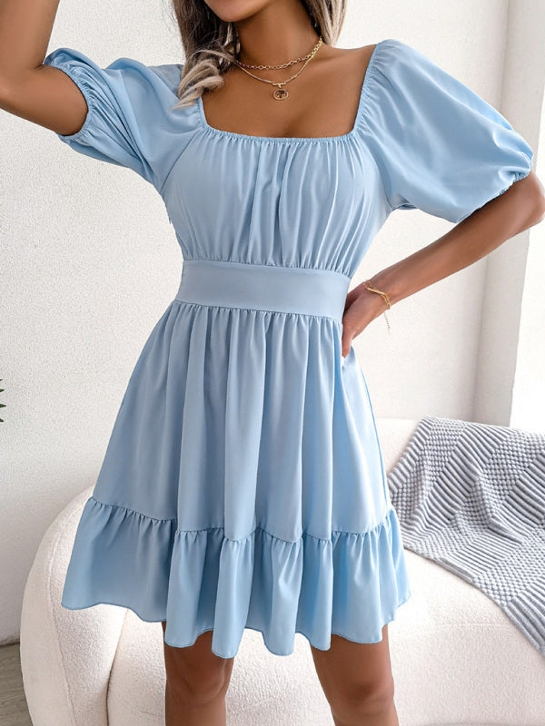 Mini Dresses- Flirty Square Neck Ruffle Backless Mini Dress: Casual Elegance- - Pekosa Women Clothing