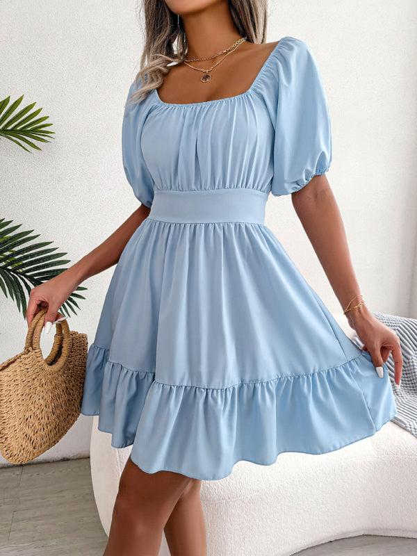 Mini Dresses- Flirty Square Neck Ruffle Backless Mini Dress: Casual Elegance- - Pekosa Women Clothing