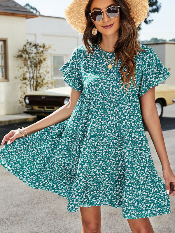 Mini Dresses- Floral Flounce Sleeves Dress: Retro-Inspired, Tiered Design- Green- Pekosa Women Clothing