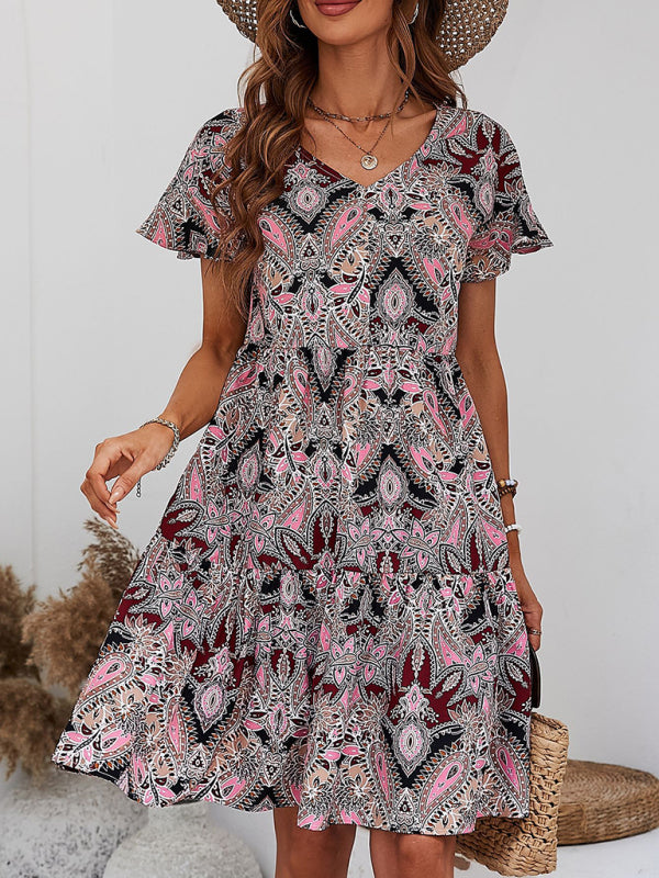 Mini Dresses- Flowy Paisley Mini Dress: V Neck, High Waist, Short Sleeves- - Pekosa Women Clothing