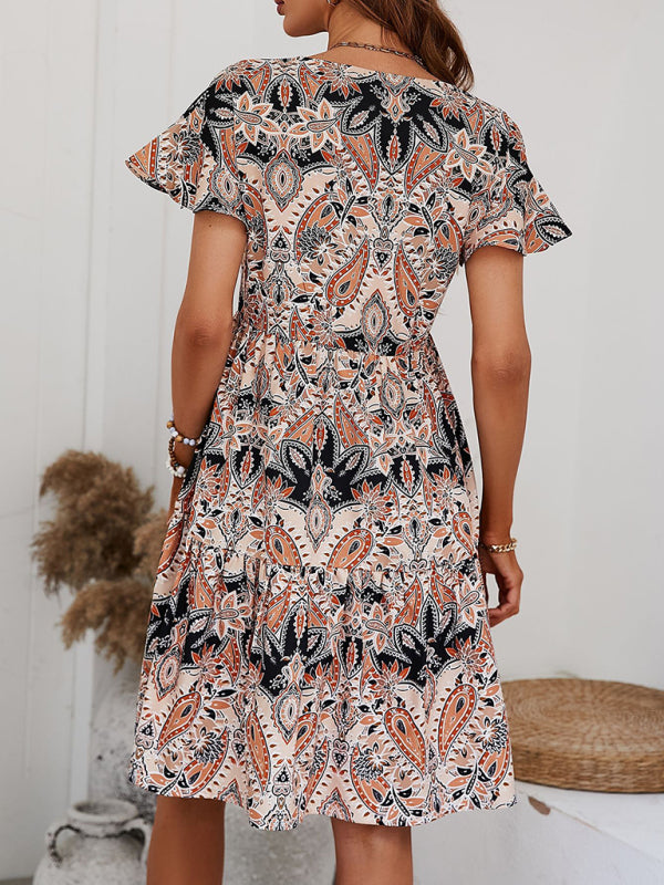 Mini Dresses- Flowy Paisley Mini Dress: V Neck, High Waist, Short Sleeves- - Pekosa Women Clothing