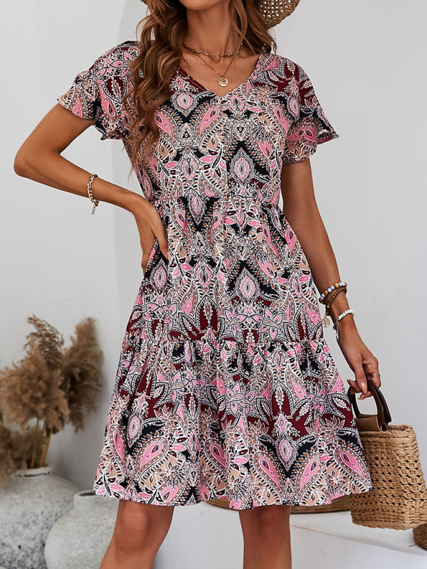 Mini Dresses- Flowy Paisley Mini Dress: V Neck, High Waist, Short Sleeves- - Pekosa Women Clothing