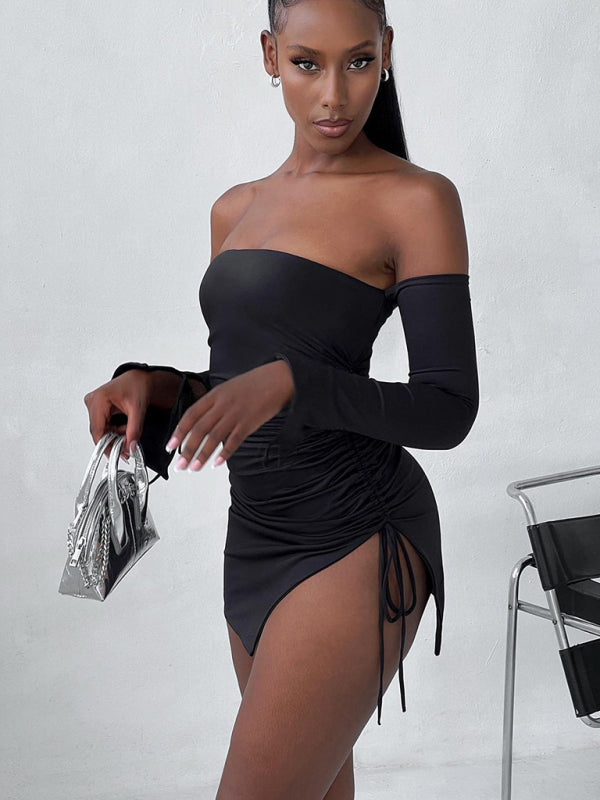 Mini Dresses- Night Out in Off-Shoulder Bodycon Mini Dress with Long Sleeves & Ruched Side- - Pekosa Women Clothing