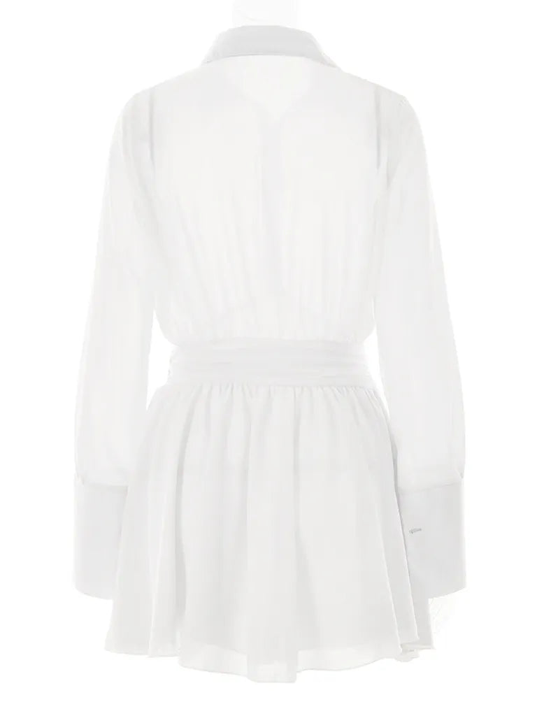 Mini Dresses- Sheer Mini Shirt Dress: See-Through & Flowy Skirt- - Pekosa Women Clothing