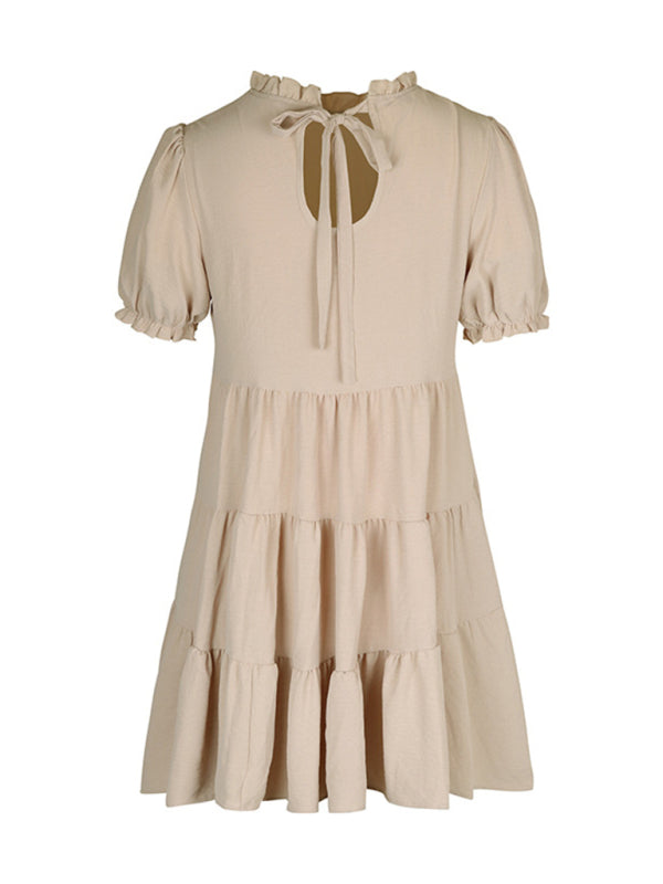 Mini Dresses- Stand Collar Mini Dress: Tiered Ruffles, Convenient Pockets Side- - Pekosa Women Clothing