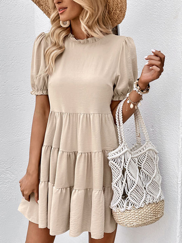 Mini Dresses- Stand Collar Mini Dress: Tiered Ruffles, Convenient Pockets Side- - Pekosa Women Clothing