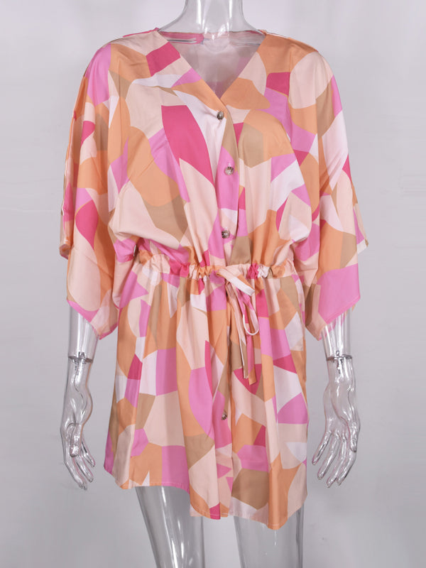 Mini Dresses- Tropical Print Adjustable Mini Dress with Batwing Sleeves- - Pekosa Women Clothing