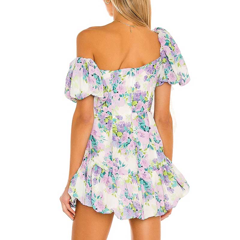 Mini Dresses- Vintage Women's Floral Remi Plunging Neck Puff Sleeves Mini Dress- - Pekosa Women Clothing