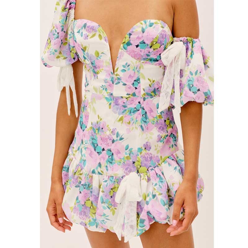 Mini Dresses- Vintage Women's Floral Remi Plunging Neck Puff Sleeves Mini Dress- Floral- Pekosa Women Clothing