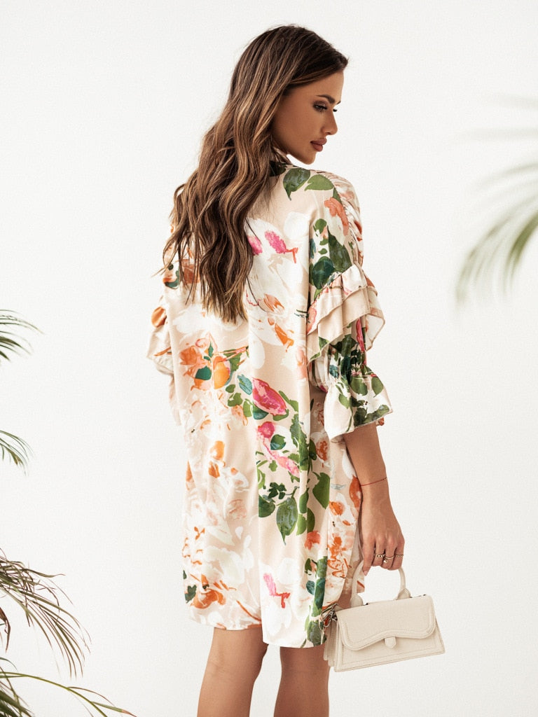 Mini Dresses- Women's Floral Print Pleated Shirt Mini Dress with Half Ruffle Sleeves- - Pekosa Women Clothing