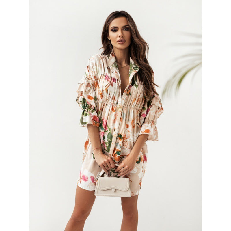 Mini Dresses- Women's Floral Print Pleated Shirt Mini Dress with Half Ruffle Sleeves- Cracker khaki- Pekosa Women Clothing