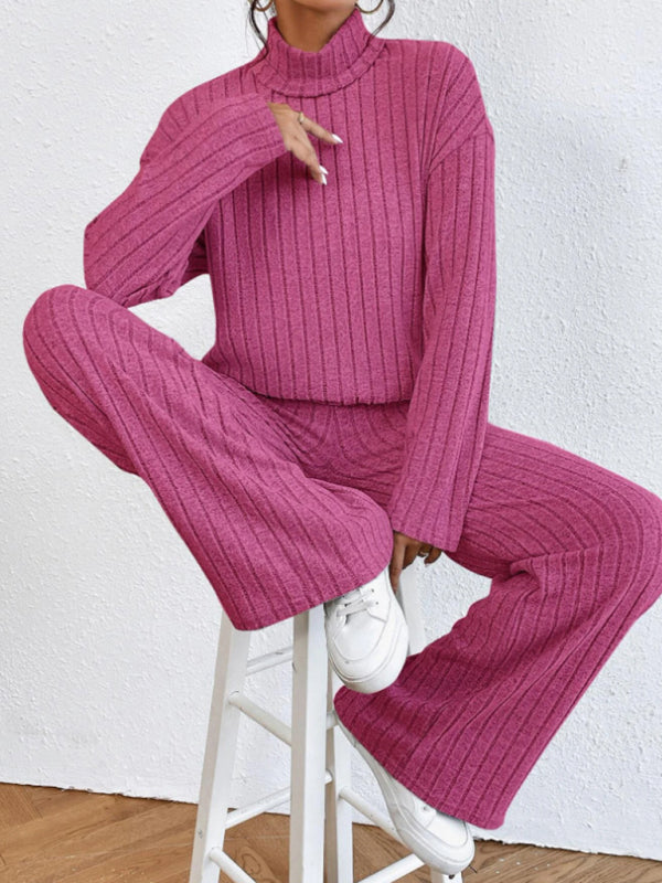Outfit Set- Casual Loungewear Ribbed Knit Pants & High Neck Sweater for Casual Hangouts- - Pekosa Women Clothing