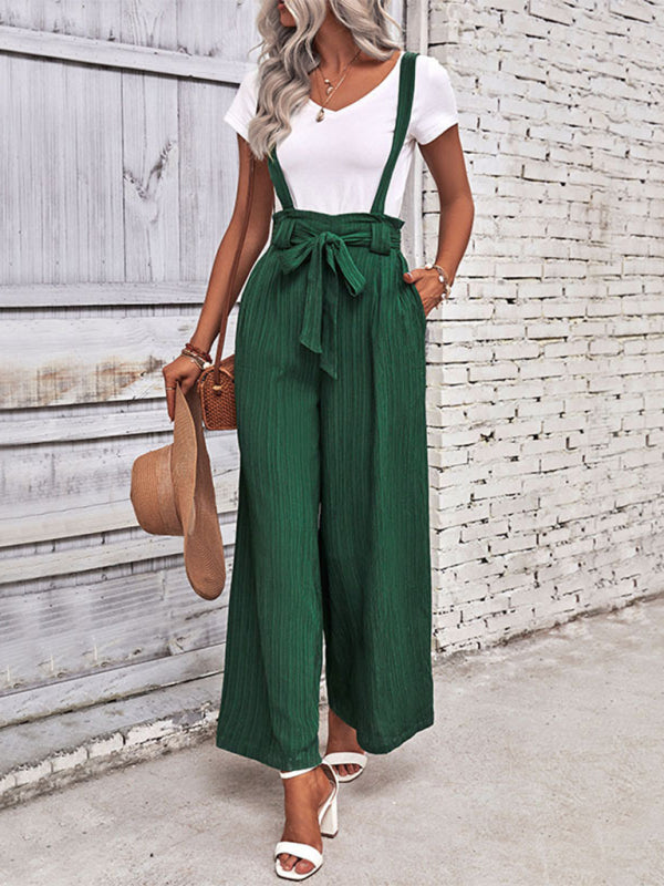 Overalls- Women's Ribbed Wide-Leg Bowknot Jumpsuit Overalls- - Pekosa Women Fashion