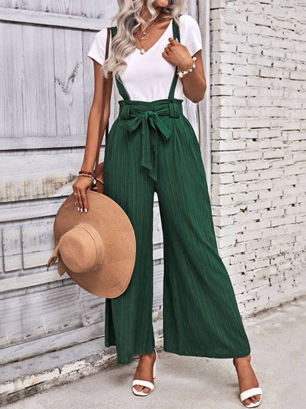 Overalls- Women's Ribbed Wide-Leg Bowknot Jumpsuit Overalls- Green black jasper- Pekosa Women Fashion