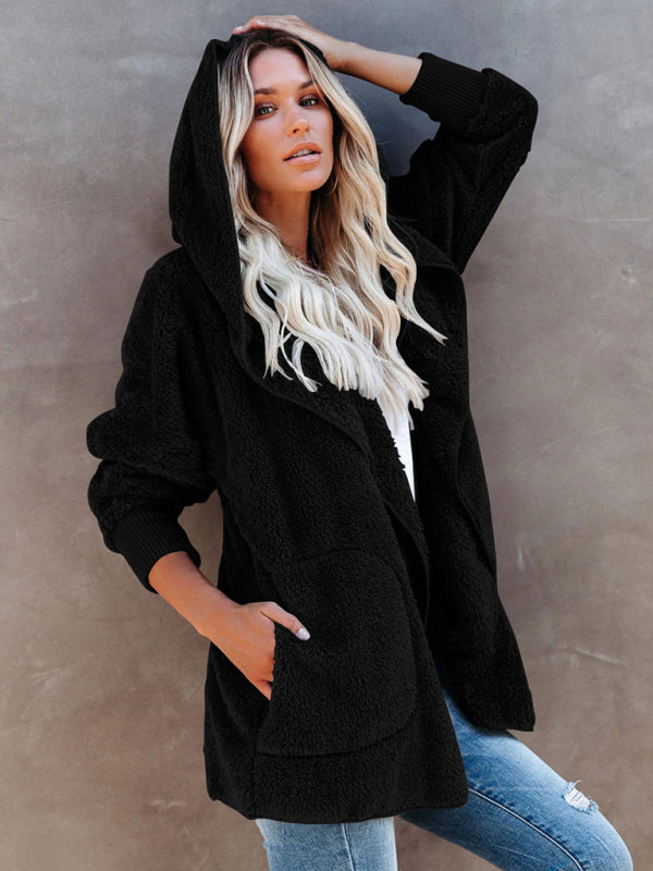 Overcoat Hoodies- Plush Sherpa Hoodie - Oversized Jacket- Black- Pekosa Women Clothing