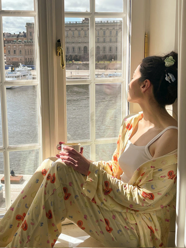 Pajama Set- Fruity Print Pajamas Oversized Set Long Sleeve Shirt and Pants- - Pekosa Women Clothing