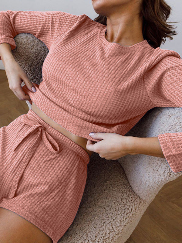 Pajamas- Waffle PJs 2-Piece Sleepwear Set with Long Sleeve Tee- - Pekosa Women Clothing