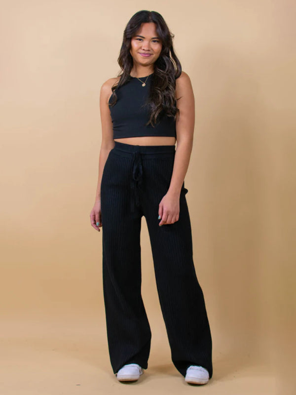 Pants- Relax Fit Ribbed Straight-Leg Pants- - Pekosa Women Clothing