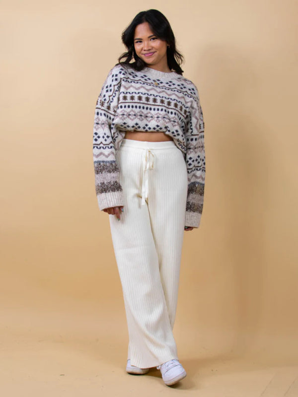 Pants- Relax Fit Ribbed Straight-Leg Pants- - Pekosa Women Clothing