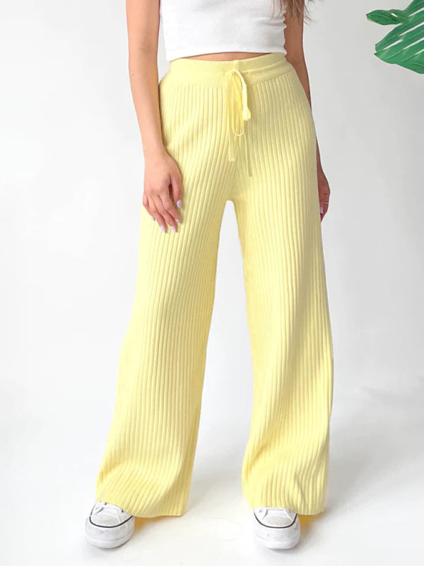 Pants- Relax Fit Ribbed Straight-Leg Pants- Yellow- Pekosa Women Clothing