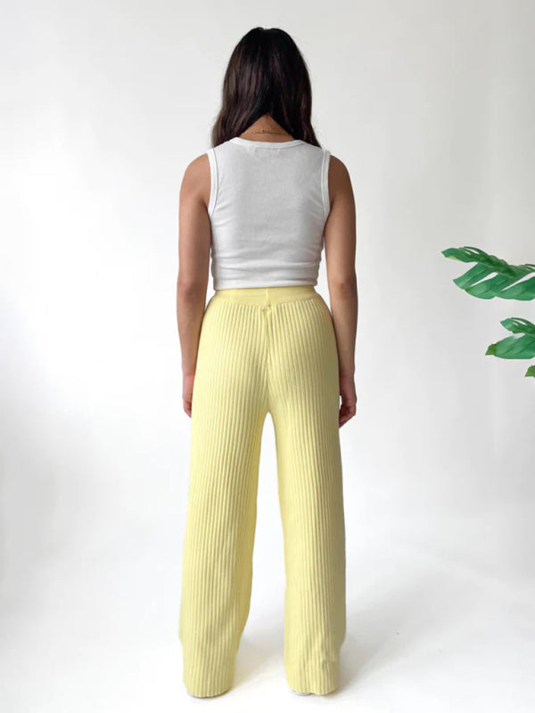 Pants- Relax Fit Ribbed Straight-Leg Pants- - Pekosa Women Clothing
