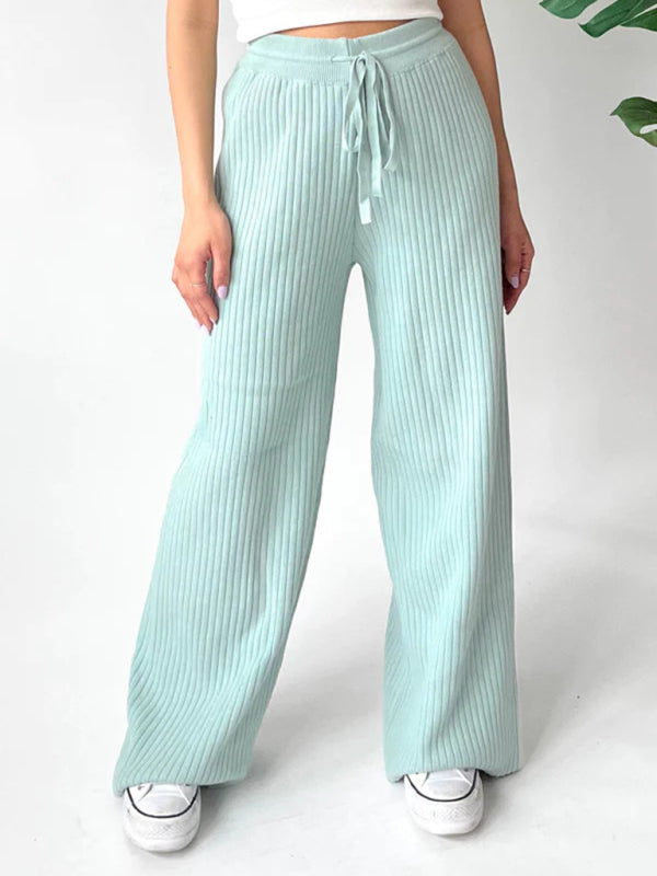 Pants- Relax Fit Ribbed Straight-Leg Pants- Pale green- Pekosa Women Clothing