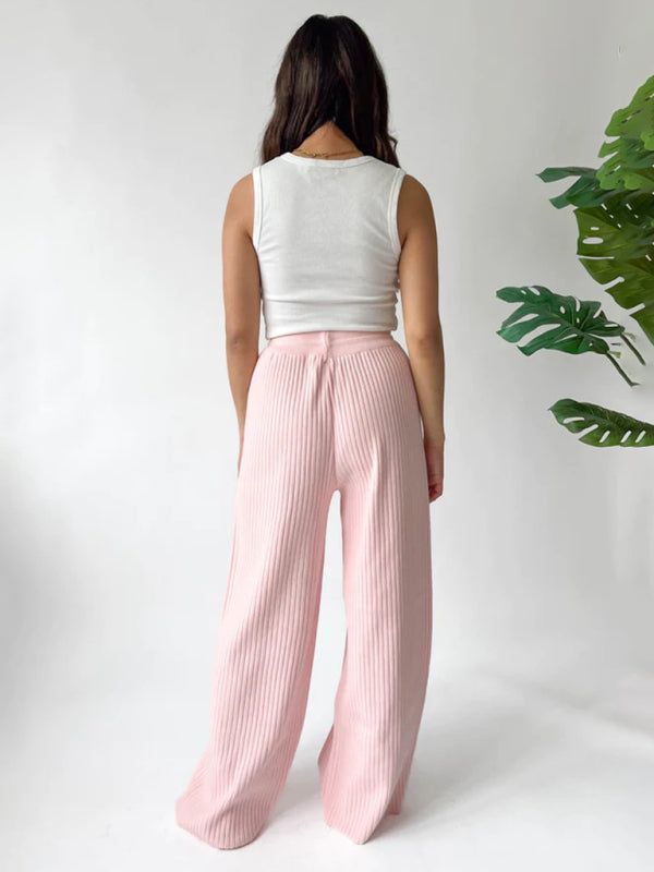 Pants- Relax Fit Ribbed Straight-Leg Pants- - Pekosa Women Clothing