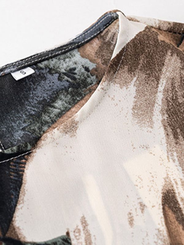 Pants Set- Abstract Print Set Straight Pants & Crop Long Sleeve Blouse- - Pekosa Women Clothing