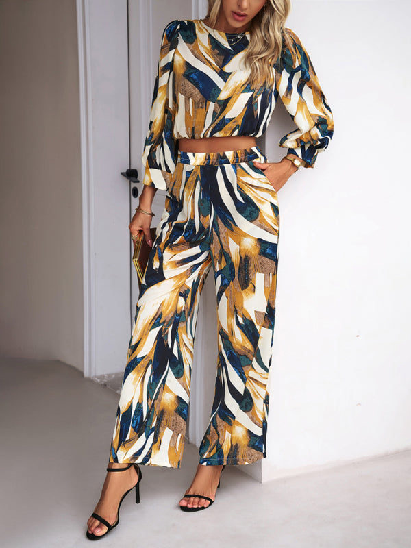 Pants Set- Abstract Print Set Straight Pants & Crop Long Sleeve Blouse- - Pekosa Women Clothing